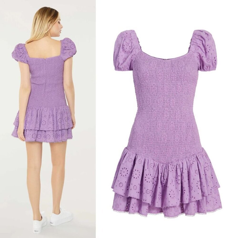 NEW Likely Tayaisha Dress Violet Eyelet Smocked Puff Sleeves Mini Dress 14 - Picture 2 of 12